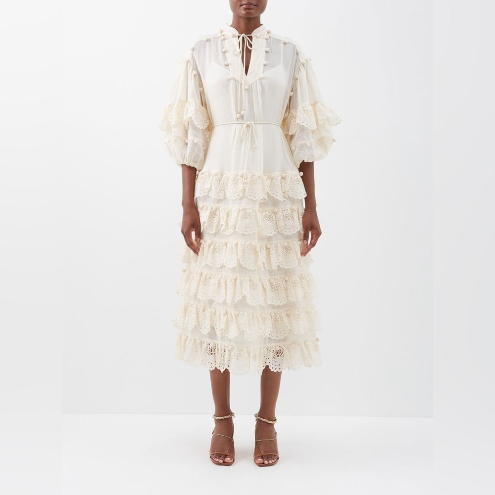 Zimmermann Cream Ruffled Tiered Sundress with Bishop Sleeves - Picture 3 of 12